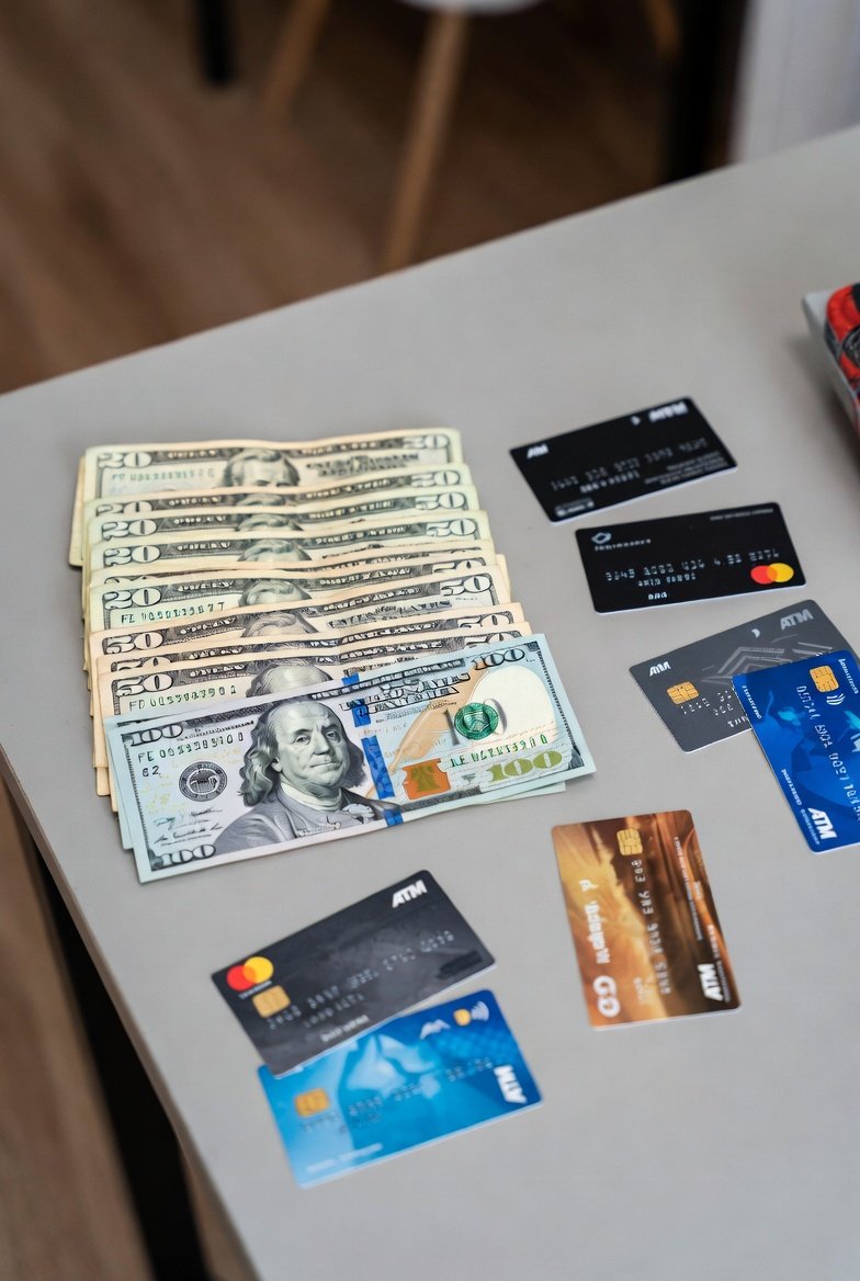 table with cash and credit cards on it